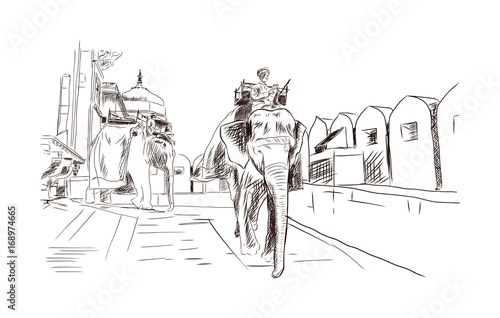 Sketch of Elephant on Amber fort Jaipur in vector illustration.
