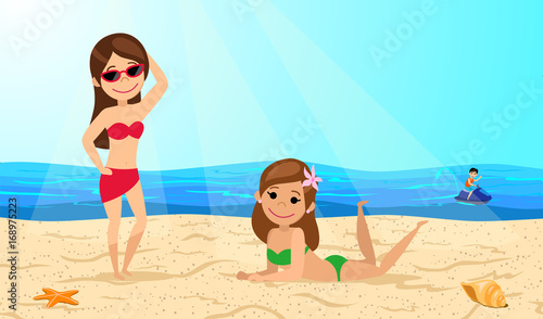 Young girls on the beach. Women sunbathing on the sand. The cartoon style. Vector illustration.