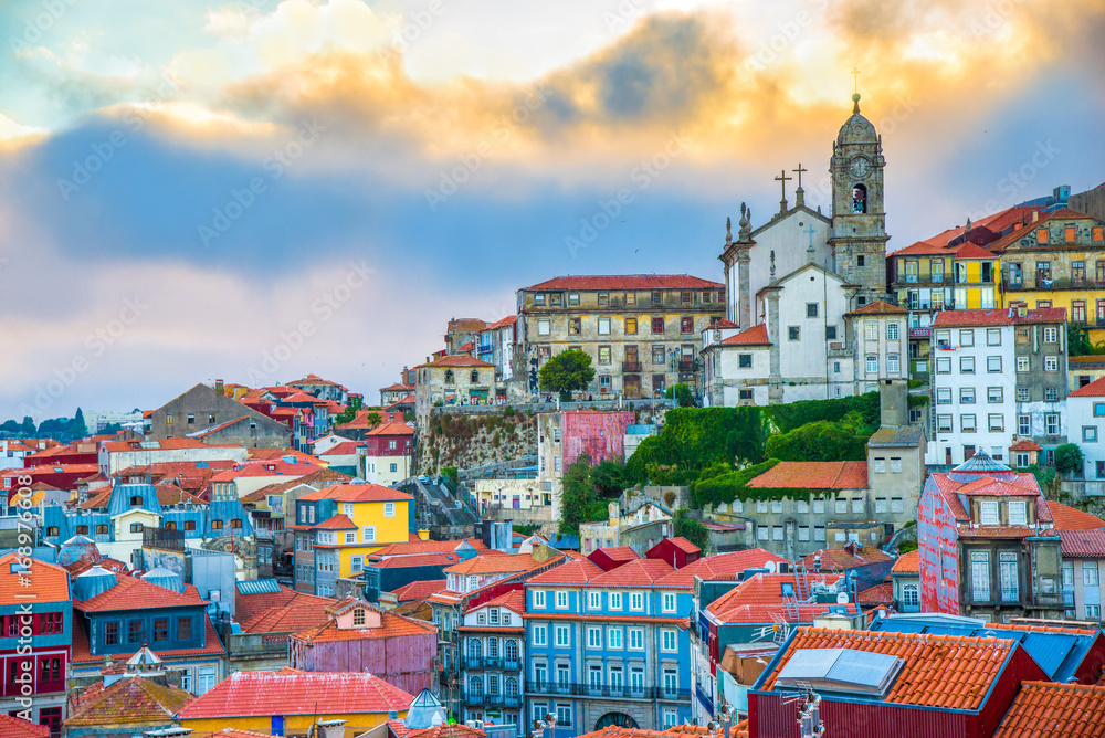 Beautiful panorama over the cityscape of Porto at sunset, Portugal