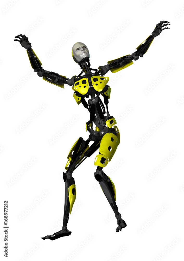 3D Rendering Male Robot Dancing on White