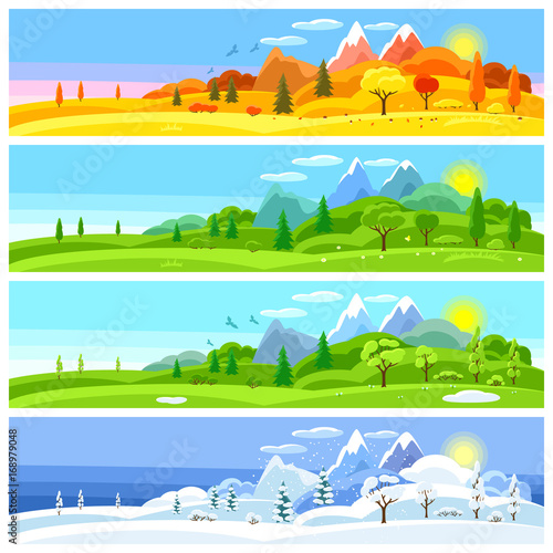 Four seasons landscape. Banners with trees, mountains and hills in winter, spring, summer, autumn.