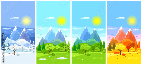 Four seasons landscape. Banners with trees, mountains and hills in winter, spring, summer, autumn.