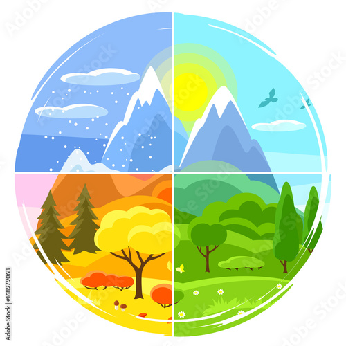 Four seasons landscape. Illustrations with trees, mountains and hills in winter, spring, summer, autumn.