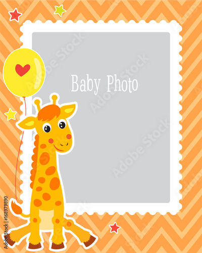 Photo Frame Design For Kid With Cute Giraffe. Decorative Template For Baby Vector Illustration. Birthday Children Photo Framework With Place For Photo.