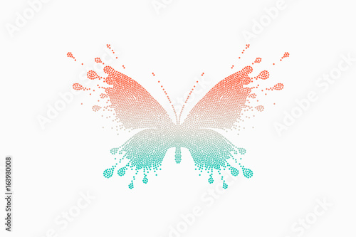 Colorful icon of red-turquoise butterfly. Emblem template for branding, design elements. Sign, label, identity, badge for business brand. Vector Illustration
