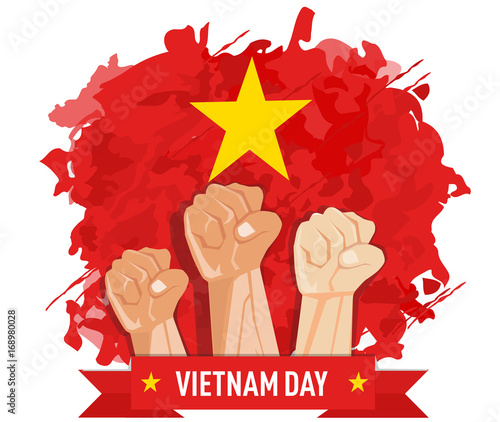 hand fist arm the symbol of national awakening day, and vietnam independence day with vietnam flag background red yellow star