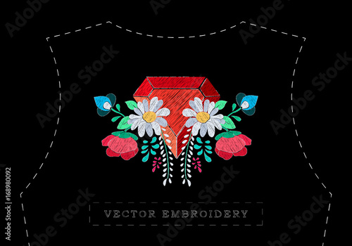 Vector floral embroidery effect with precious stone