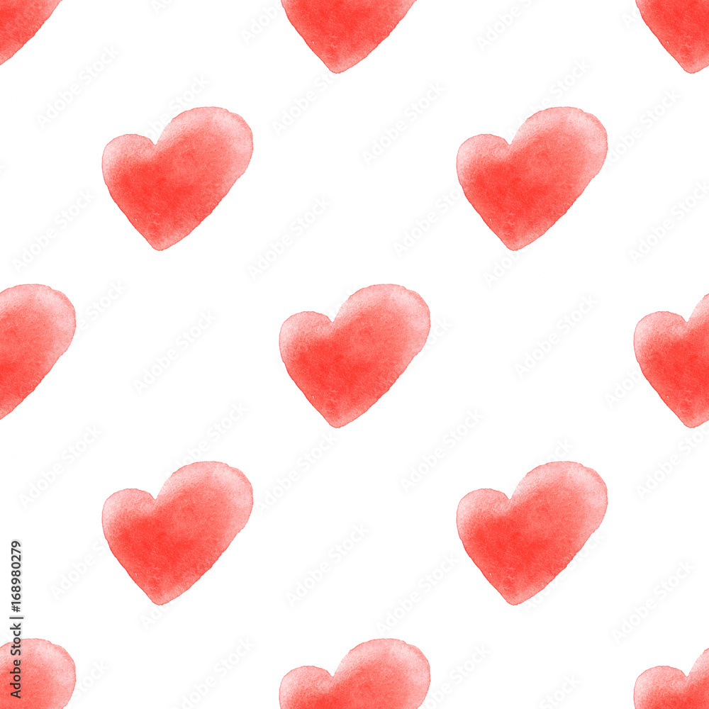 Cute watercolor red hearts seamless pattern background.