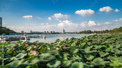 Time lapse of xuanwu lake with nanjing city skyline,landmark,china