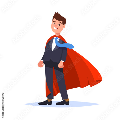 Vector illustration of young businessman standing in business suit and red cape. Business man superhero isolated