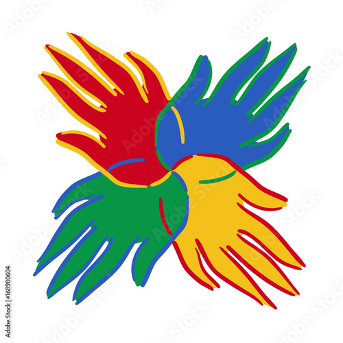 Brightly coloured hands symbol showing unity