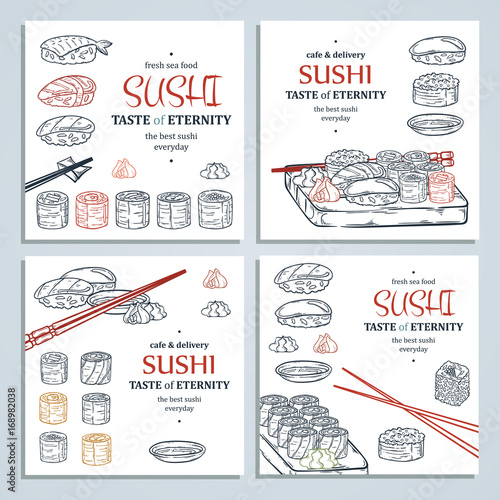 Doodle sushi and rolls on wood. Japanese traditional cuisine dishes illustration.