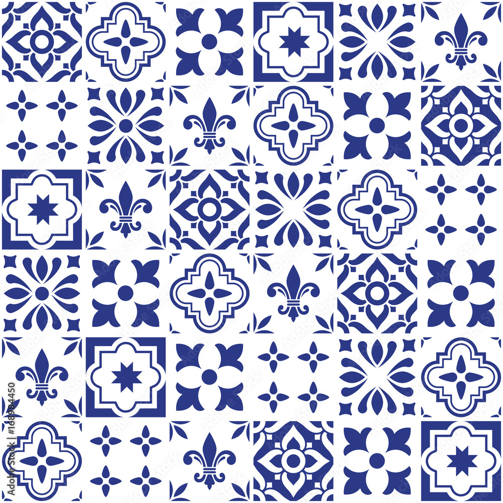 Geometric vector tile design, Portuguese or Spnish seamless navy blue tiles, Azulejos pattern