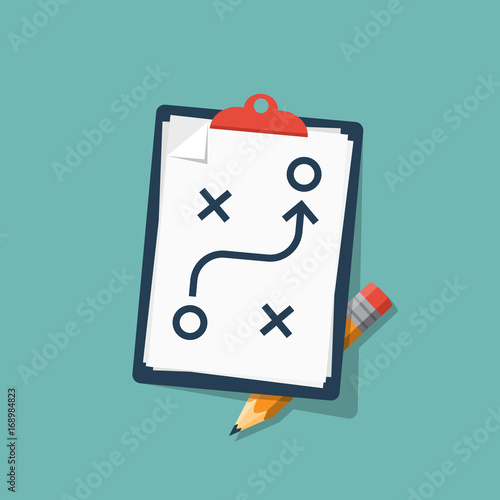 Planning strategy concept. Business tactic. Clipboard pencil. Vector illustration flat design. Isolated on background. Chart project analysis . Scheme of action on white sheet. Plan to achieve goal. photo