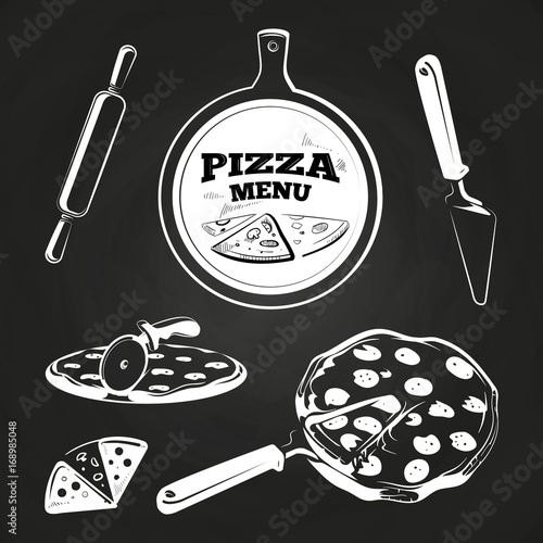 Fototapeta Vintage pizza elements on chalkboard