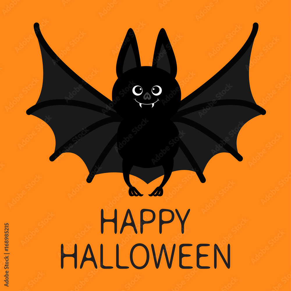 Bat standing. Happy Halloween. Cute cartoon character with big open wing,  ears and legs. Black silhouette. Forest animal. Flat design. Orange  background. Greeting card. vector de Stock | Adobe Stock