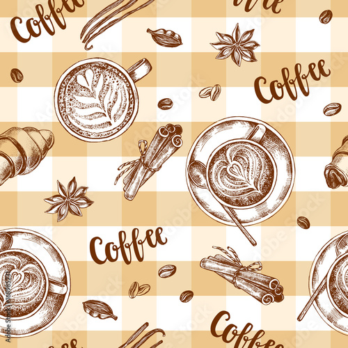 Decorative seamless pattern with ink hand-drawn Cups of cappuccino, spices and croissants. Coffee elements texture with brush calligraphy style lettering. Vector illustration.