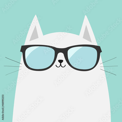 White cat wearing sunglasses eyeglasses. Shining lenses. Cute cartoon funny character. Kitten in eyeglasses. Fashion animal. Blue background. Isolated. Flat design