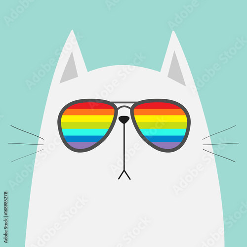 White cat wearing sunglasses eyeglasses. Rainbow color lenses. LGBT sign symbol. Cute cartoon funny character. Kitten in eyeglasses. Fashion animal. Blue background. Isolated. Flat design