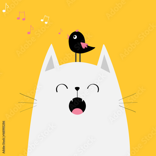 White cat face silhouette meowing singing song. Bird on head. Music note flying. Cute cartoon funny character. Kawaii animal. Baby card. Pet collection. Flat design. Yellow background. Isolated.