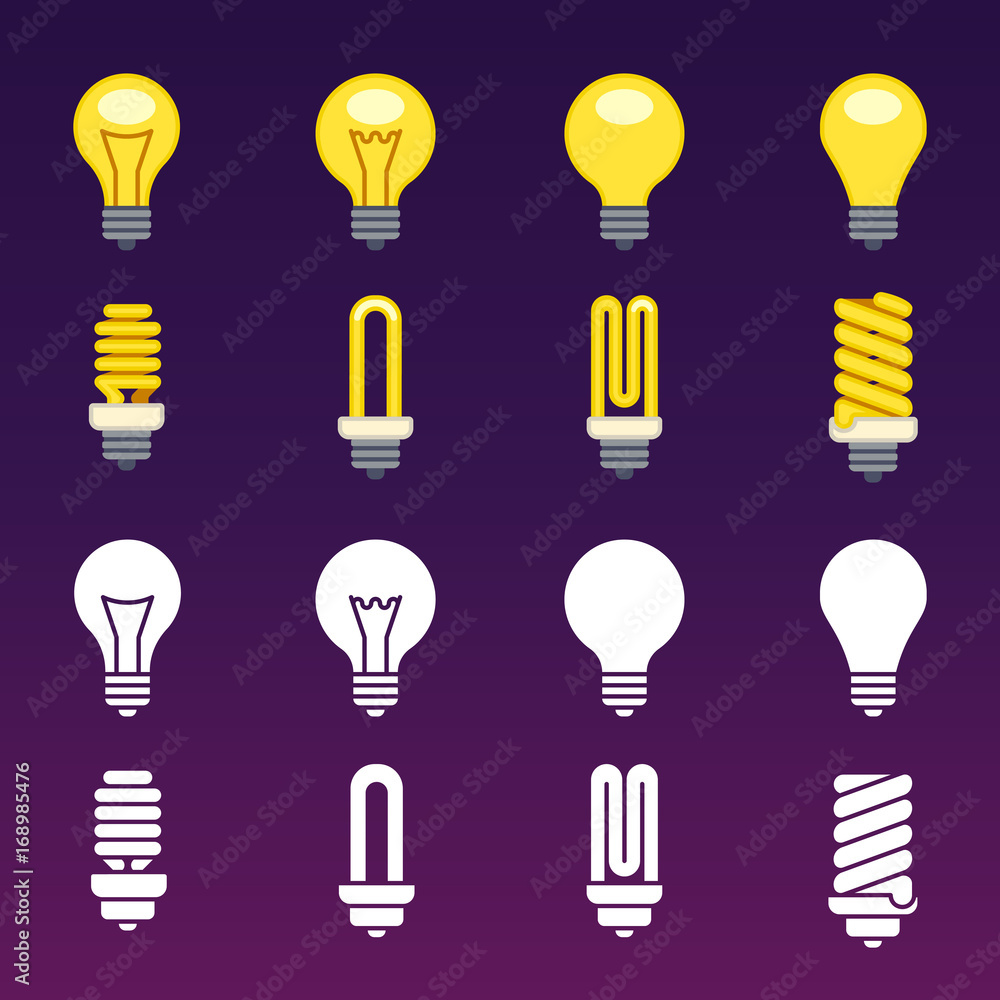 White silhouettes and colorful light bulbs icons White silhouettes and colorful light bulbs icons