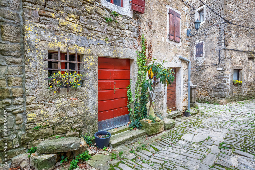 An ancient stone street in the city of Groznjan on Istria in Croatia, Europe.