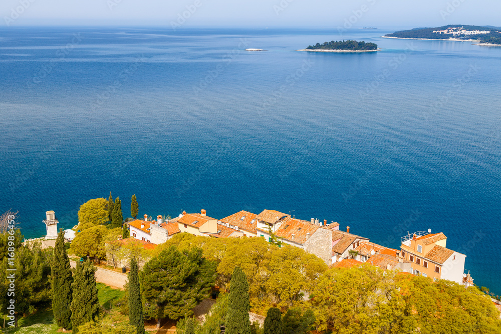 Landscape overlooking the sea and coastal houses of the seaside town of Rovinj in Croatia.