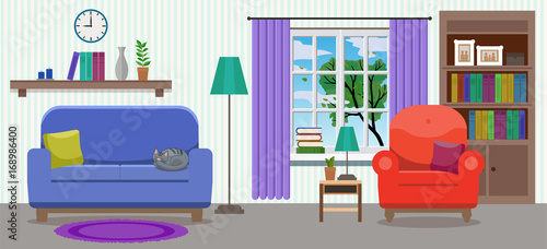 Cozy elegant light interior of living room with an armchair, a sofa, green tree in the window, various decorations and cat sleeping. Flat style, design template