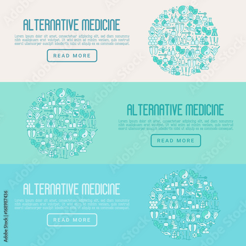 Alternative medicine concept in circle with thin line icons. Vector illustration of banner, print media or web site for yoga, acupuncture, wellness, ayurveda, chinese medicine, holistic center.