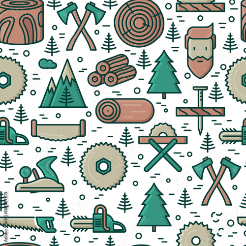 Logging and lumberjack with beard seamless pattern with related thin line icons: jack-plane, sawmill, forestry equipment, timber, lumber. Vector illustration for banner, web page, print media.