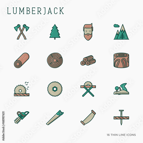 Logging and lumberjack with beard and related thin line icons: jack-plane, sawmill, forestry equipment, timber, lumber. Vector illustration.