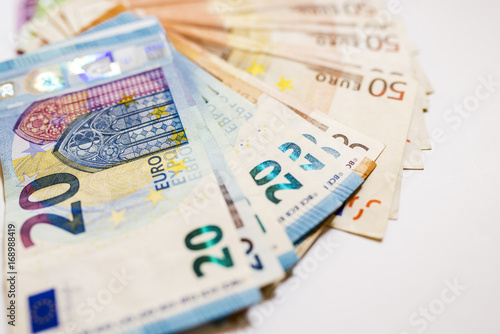 Euro cash. Many Euro banknotes of different values. Euro cash background.
