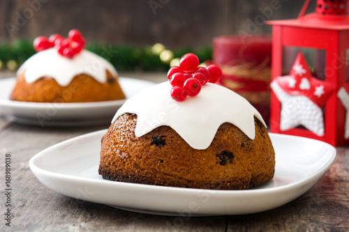 Christmas pudding on wooden table
