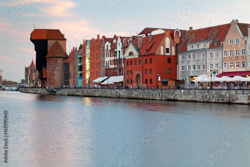Old town on Motlawa river at sunset, Gdansk in Poland