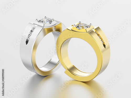 3D illustration two silver and gold men signet diamond rings with reflection