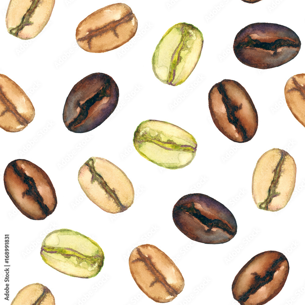 Different coffee beans level roasts from light to dark, seamless pattern design, hand painted watercolor illustration, white background Different coffee beans level roasts from light to dark, seamless pattern design, hand painted watercolor illustration, white background
