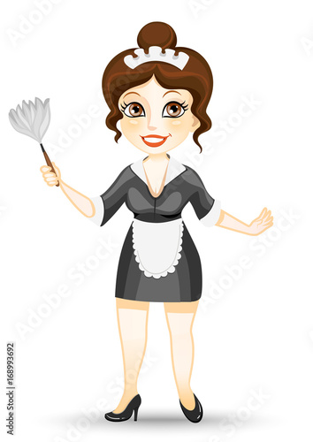 Vector illustration woman's profession maid.A young cleaning lady in uniform and with a whisk for a snout.