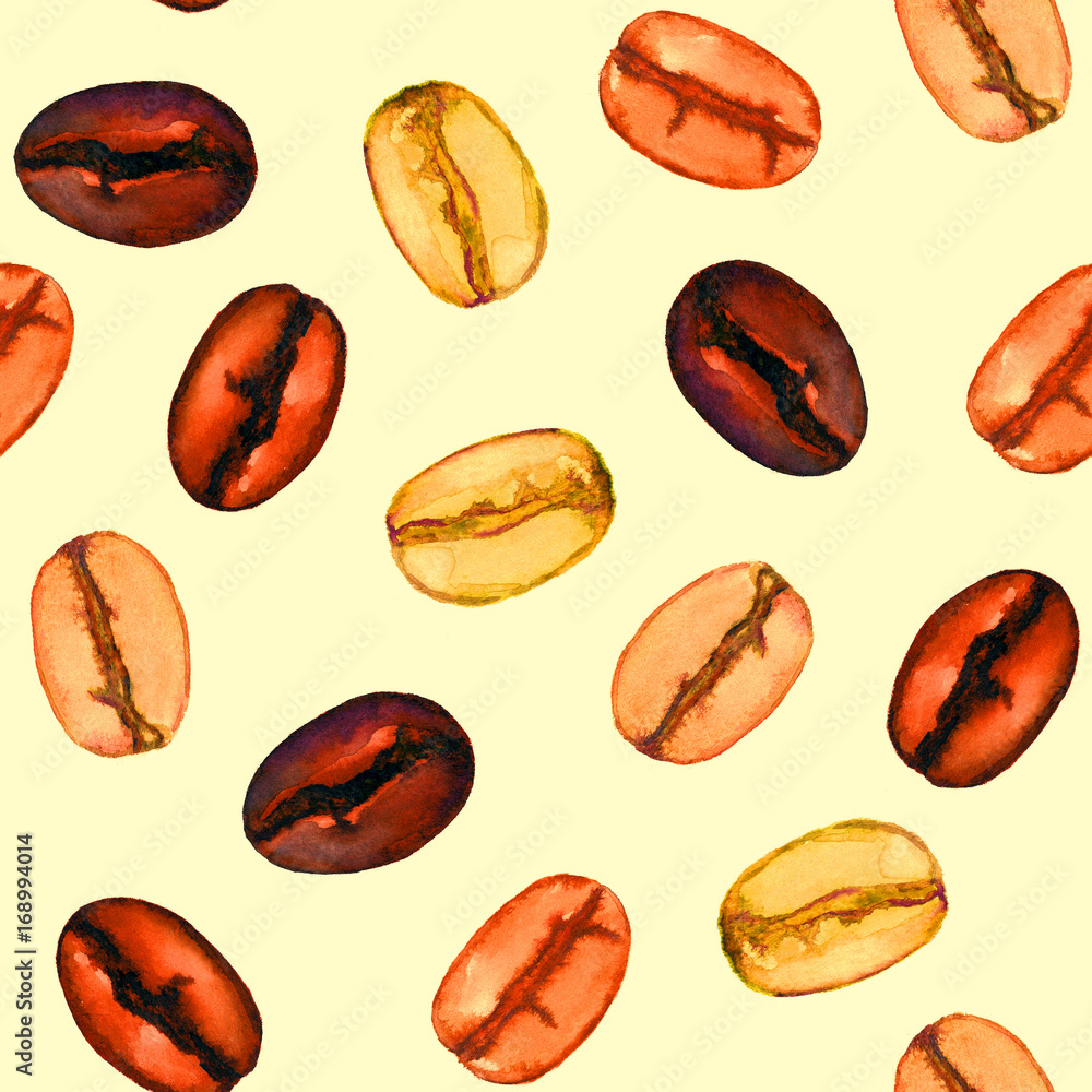 Different coffee beans level roasts from light to dark, seamless pattern design, hand painted watercolor illustration, soft yellow background Different coffee beans level roasts from light to dark, seamless pattern design, hand painted watercolor illustration, soft yellow background