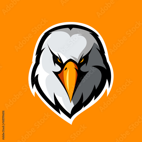 Furious eagle head athletic club vector logo concept isolated on orange background.