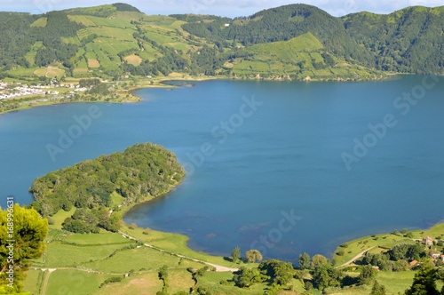 Panorama of Lagoa da fogo from the hill