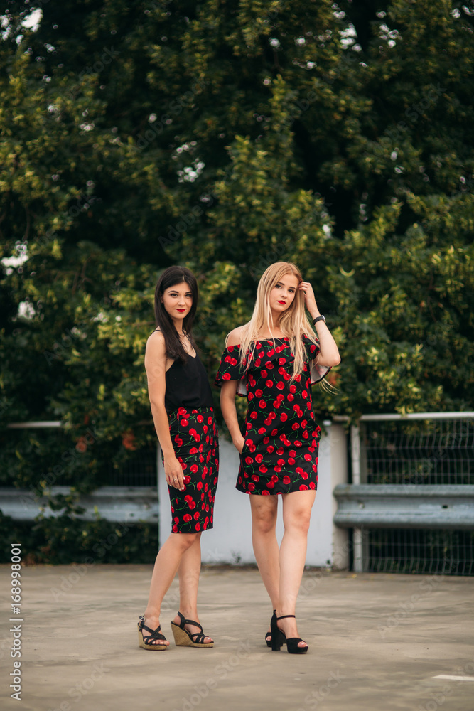 Beautiful girls posing for the photographer. Two sisters in black and red dress. Smile, sunny day.