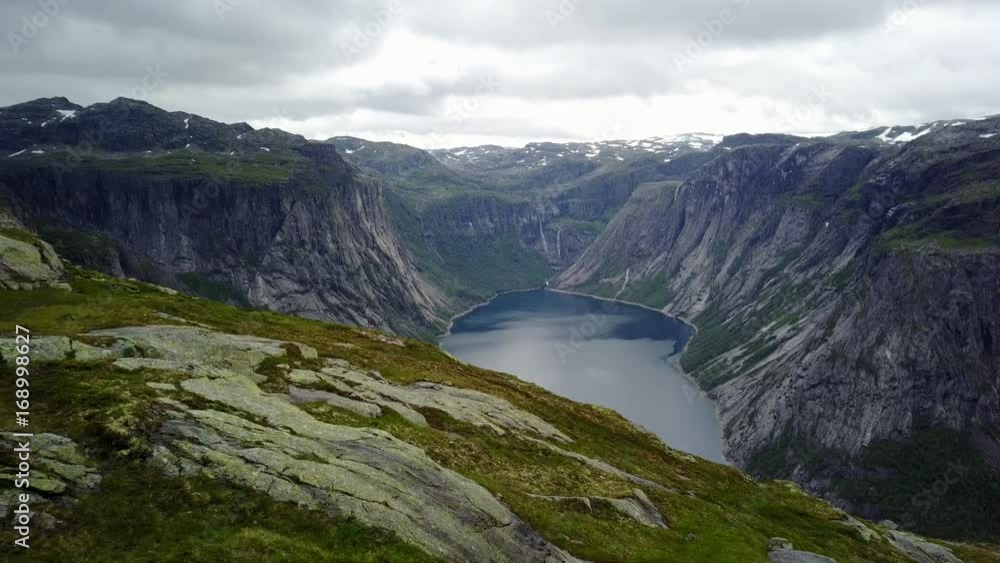 View near Trolltunga to Fjord and water from drone on air Norway View near Trolltunga to Fjord and water from drone on air Norway