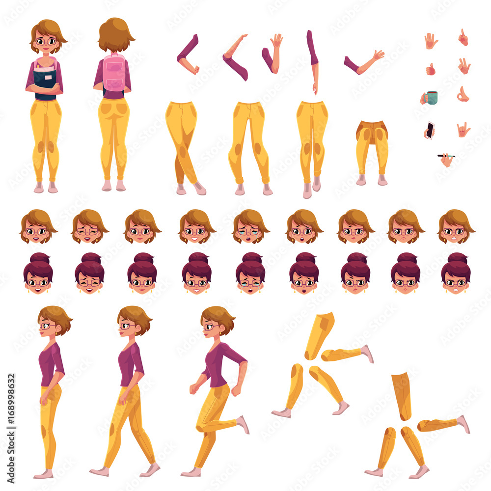 Girl, college or university student creation set with choice of poses, gestures, emotions, cartoon vector illustration on white background. Student girl creation set, changeable face, legs, arms Girl, college or university student creation set with choice of poses, gestures, emotions, cartoon vector illustration on white background. Student girl creation set, changeable face, legs, arms