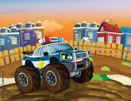 cartoon police car looking like monster truck driving through the city - illustration for children © honeyflavour