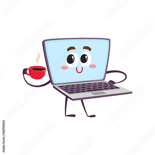 vector flat cartoon funny laptop humanized character with arms, legs and face holding cup of coffee in hand. Isolated illustration on a white background.