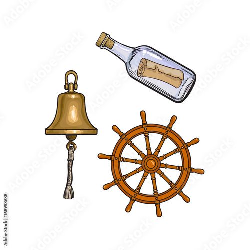 Set of nautical objects - ship bell, steering wheel and message in glass bottle, cartoon vector illustration isolated on white background. Cartoon set of ship bell, steering wheel and message bottle