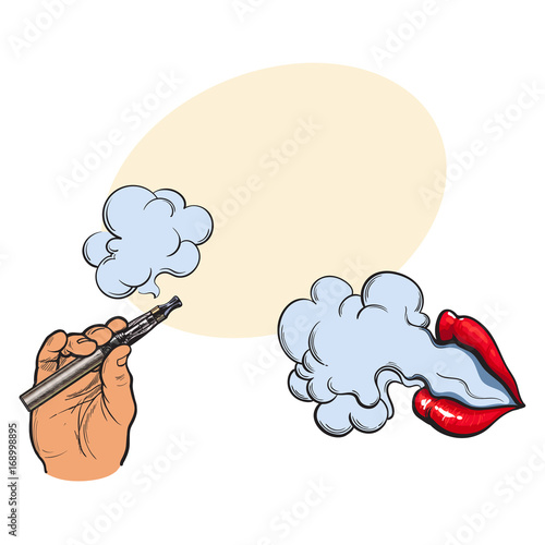 Smoking concept - smoke coming out of female lips and electronic cigarette in male hand, sketch vector illustration with space for text. Smoking female lips and male handwith e-cigarette