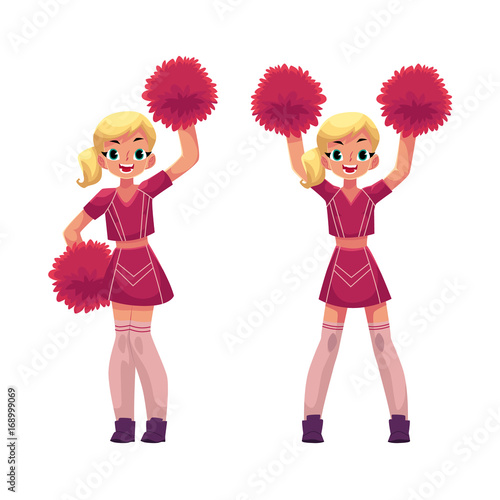 vector cartoon smiling cheerleader blond girls character dancing with pom-poms raising hands up set. Isolated illustration ona white background.