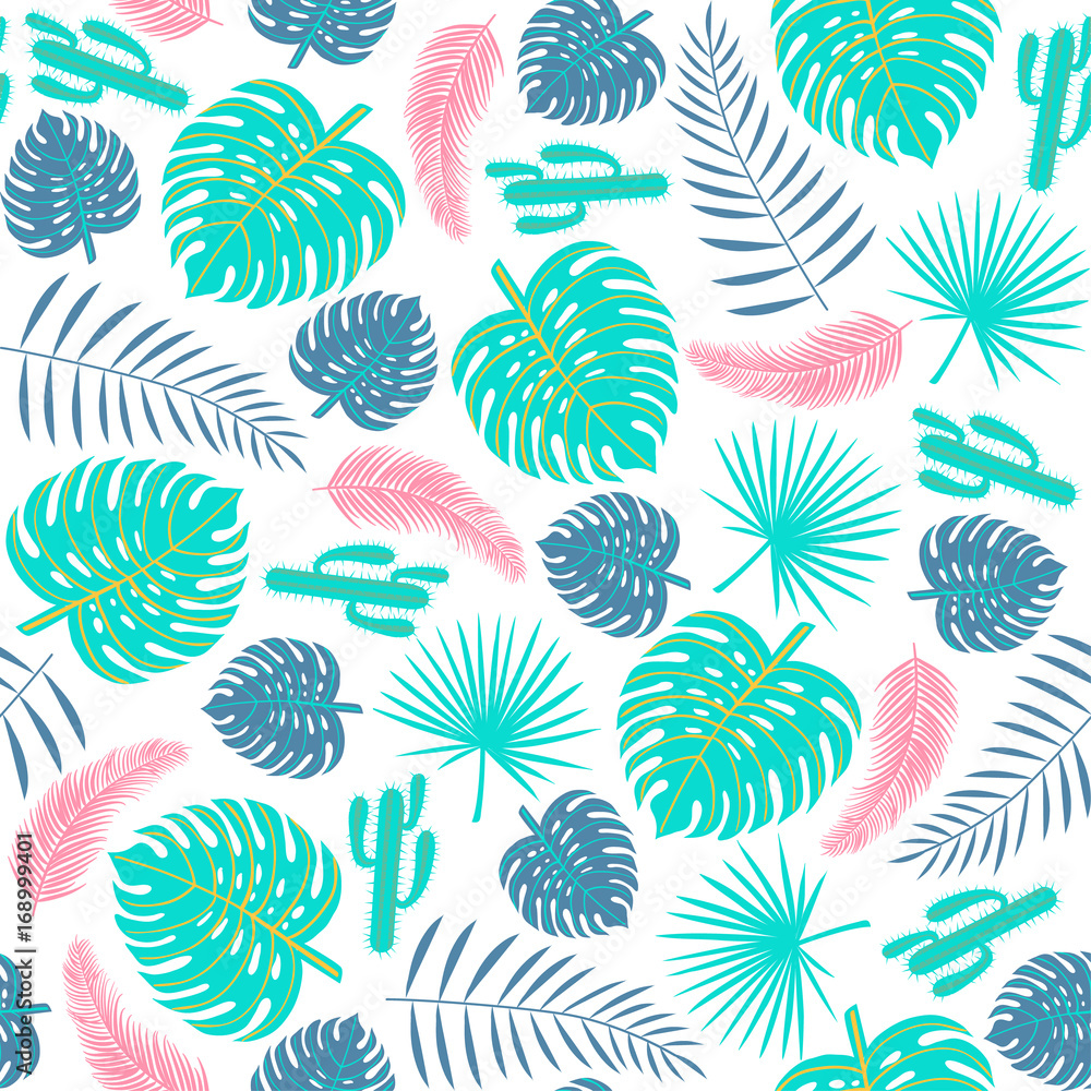 Tropical plants seamless pattern with leaves and cactuses. Vector illustration
