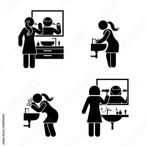 Personal hygiene bathroom set. Vector illustration of teeth brushing, washing hands and face, hair drying pictogram